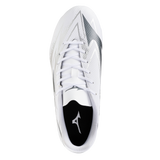 Top view of the Mizuno Waitangi Pro SG Wide Fit rugby boot in white and metallic gray, featuring a lace-up design and branded insole—designed for comfort on soft ground rugby pitches.