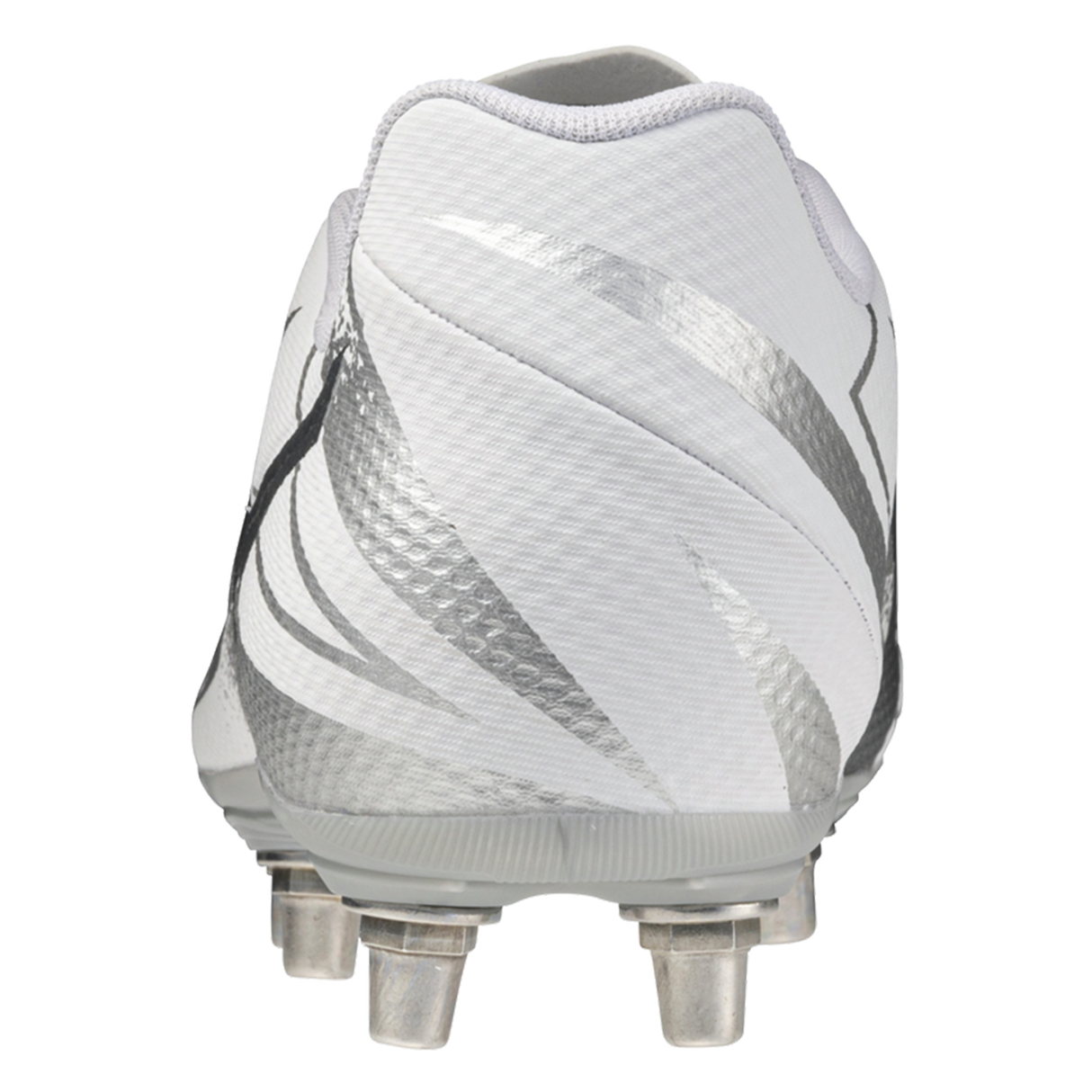 Rear view of the Mizuno Waitangi Pro SG Wide Fit soccer cleat in white/metallic gray with silver stripes and four metal studs, designed for a wide fit.
