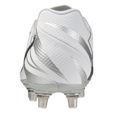 Rear view of the Mizuno Waitangi Pro SG Wide Fit soccer cleat in white/metallic gray with silver stripes and four metal studs, designed for a wide fit.
