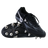 A pair of Mizuno Waitangi Pro SG Wide rugby boots in Black/Galaxy Silver stand displayed: one upright, the other showing its sole and metal soft ground studs.