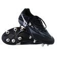 A pair of Mizuno Waitangi Pro SG Wide rugby boots in Black/Galaxy Silver stand displayed: one upright, the other showing its sole and metal soft ground studs.