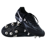 A pair of Mizuno Waitangi Pro SG Wide rugby boots in Black/Galaxy Silver stand displayed: one upright, the other showing its sole and metal soft ground studs.