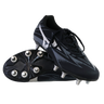 A pair of Mizuno Waitangi Pro SG Wide rugby boots in Black/Galaxy Silver stand displayed: one upright, the other showing its sole and metal soft ground studs.