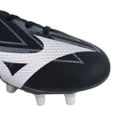 Close-up of the front part of the Mizuno Waitangi Pro SG Wide rugby boot in black/galaxy silver, featuring a wide fit, white geometric design, and metal studs on the sole.