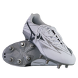 The Mizuno Waitangi Pro SG Wide Fit rugby boots in White/Metalic Gray feature metal studs and a wide fit for comfort and stability on soft ground—ideal for players seeking performance from the trusted brand, Mizuno.