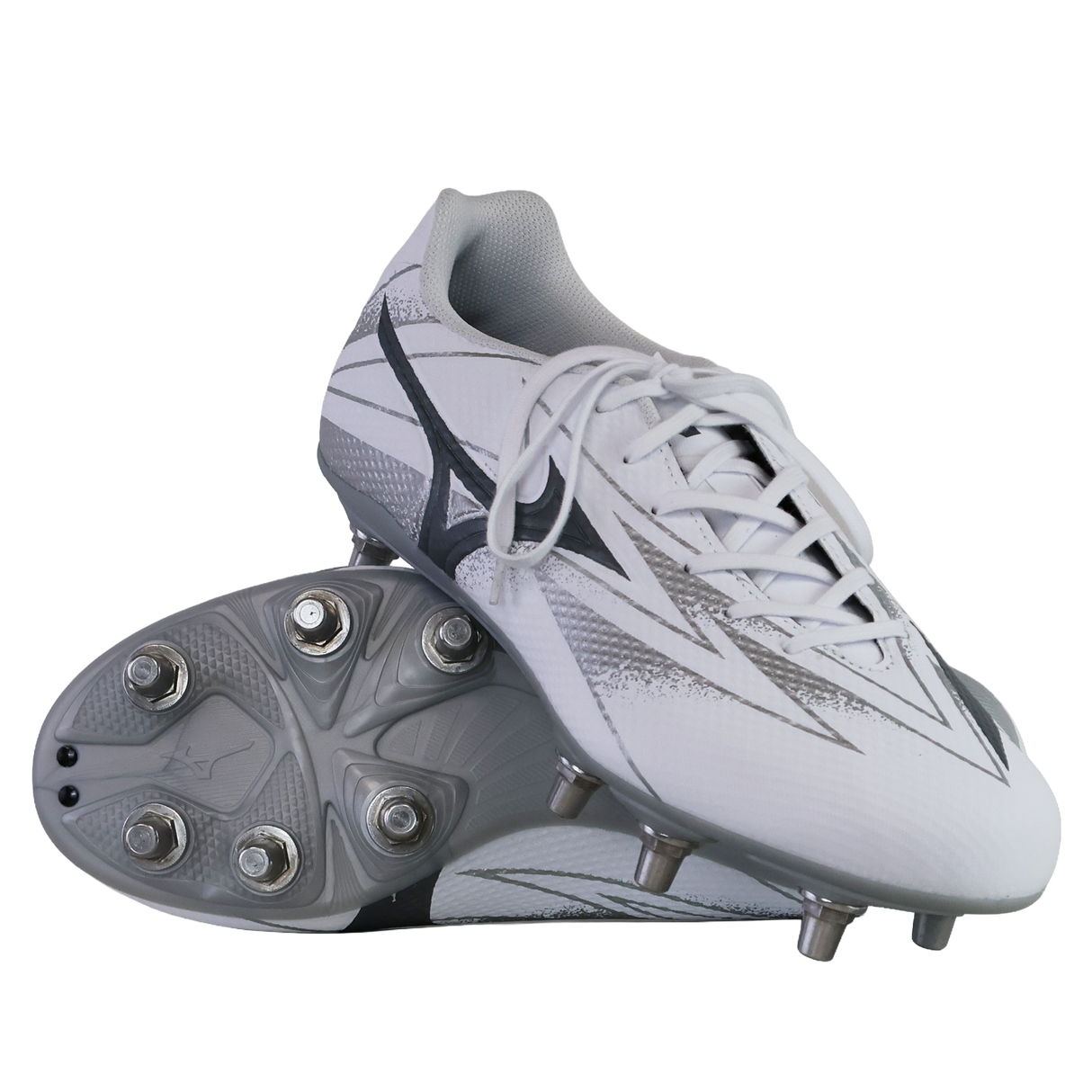 The Mizuno Waitangi Pro SG Wide Fit rugby boots in White/Metalic Gray feature metal studs and a wide fit for comfort and stability on soft ground—ideal for players seeking performance from the trusted brand, Mizuno.