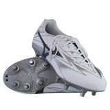 The Mizuno Waitangi Pro SG Wide Fit rugby boots in White/Metalic Gray feature metal studs and a wide fit for comfort and stability on soft ground—ideal for players seeking performance from the trusted brand, Mizuno.