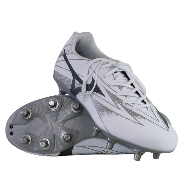 The Mizuno Waitangi Pro SG Wide Fit rugby boots in White/Metalic Gray feature metal studs and a wide fit for comfort and stability on soft ground—ideal for players seeking performance from the trusted brand, Mizuno.