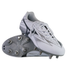 The Mizuno Waitangi Pro SG Wide Fit rugby boots in White/Metalic Gray feature metal studs and a wide fit for comfort and stability on soft ground—ideal for players seeking performance from the trusted brand, Mizuno.