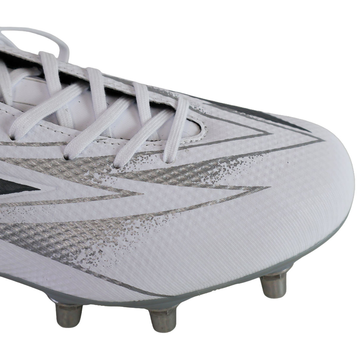Close-up of the Mizuno Waitangi Pro SG Wide Fit rugby boot by Mizuno in White/Metalic Gray, highlighting the laces and metal studs on the sole.