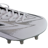 Close-up of the Mizuno Waitangi Pro SG Wide Fit rugby boot by Mizuno in White/Metalic Gray, highlighting the laces and metal studs on the sole.