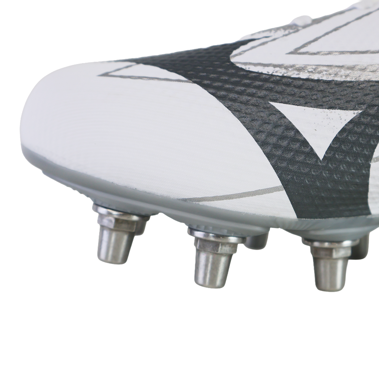 Close-up of the toe area of the Mizuno Waitangi Pro SG Wide Fit rugby boot in white and metallic gray, featuring metal studs on the sole—ideal for players seeking comfort in soft ground boots from Mizuno.
