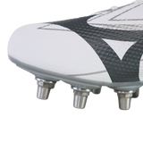 Close-up of the toe area of the Mizuno Waitangi Pro SG Wide Fit rugby boot in white and metallic gray, featuring metal studs on the sole—ideal for players seeking comfort in soft ground boots from Mizuno.