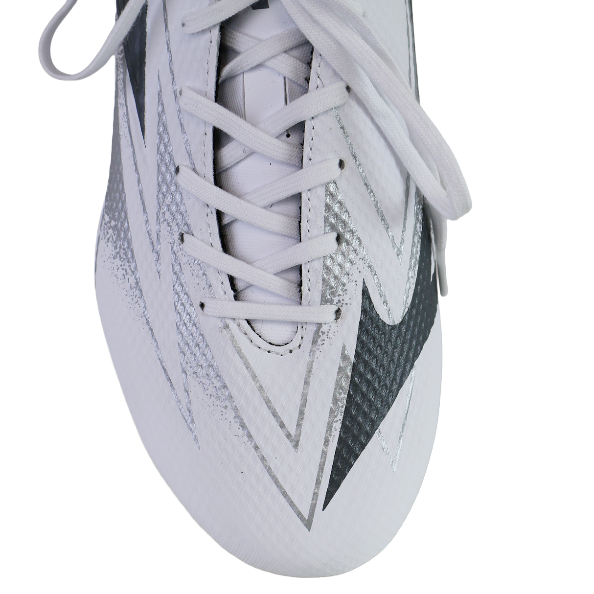 Close-up of the toe and laces on the Mizuno Waitangi Pro SG Wide Fit rugby boot in white and metallic gray, featuring black and silver zigzag patterns on the upper.