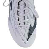 Close-up of the toe and laces on the Mizuno Waitangi Pro SG Wide Fit rugby boot in white and metallic gray, featuring black and silver zigzag patterns on the upper.