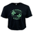 Introducing the Women's Modish Rugger Limited Edition "We Scrum in Peace" Crop Top Tee: a black top featuring two hands holding a rugby ball surrounded by stars, with the slogan printed in green—a must-have for dedicated rugby fans.