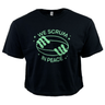 Introducing the Women's Modish Rugger Limited Edition "We Scrum in Peace" Crop Top Tee: a black top featuring two hands holding a rugby ball surrounded by stars, with the slogan printed in green—a must-have for dedicated rugby fans.