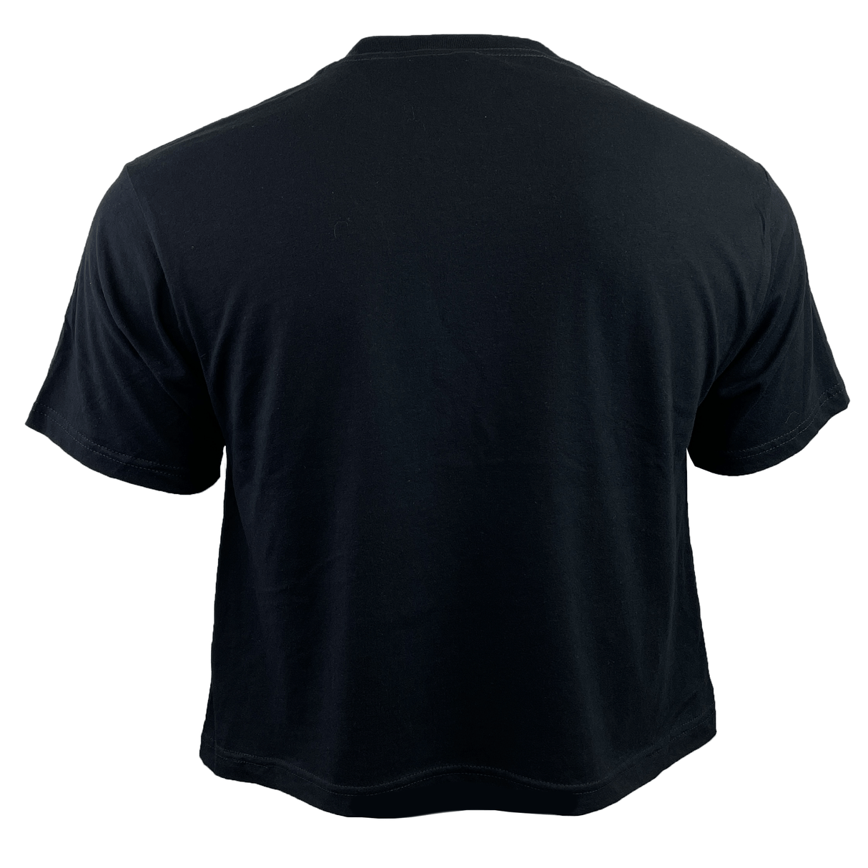 The Women's Modish Rugger Limited Edition "We Scrum in Peace" Crop Top Tee is a black short-sleeve piece perfect for rugby fans, shown from the back.