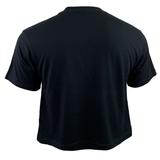 The Women's Modish Rugger Limited Edition "We Scrum in Peace" Crop Top Tee is a black short-sleeve piece perfect for rugby fans, shown from the back.