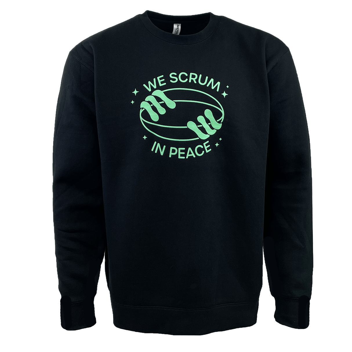 Limited Edition "We Scrum in Peace" black sweatshirt by Modish Rugger, featuring a rugby ball graphic and green text.