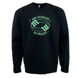 Limited Edition "We Scrum in Peace" black sweatshirt by Modish Rugger, featuring a rugby ball graphic and green text.