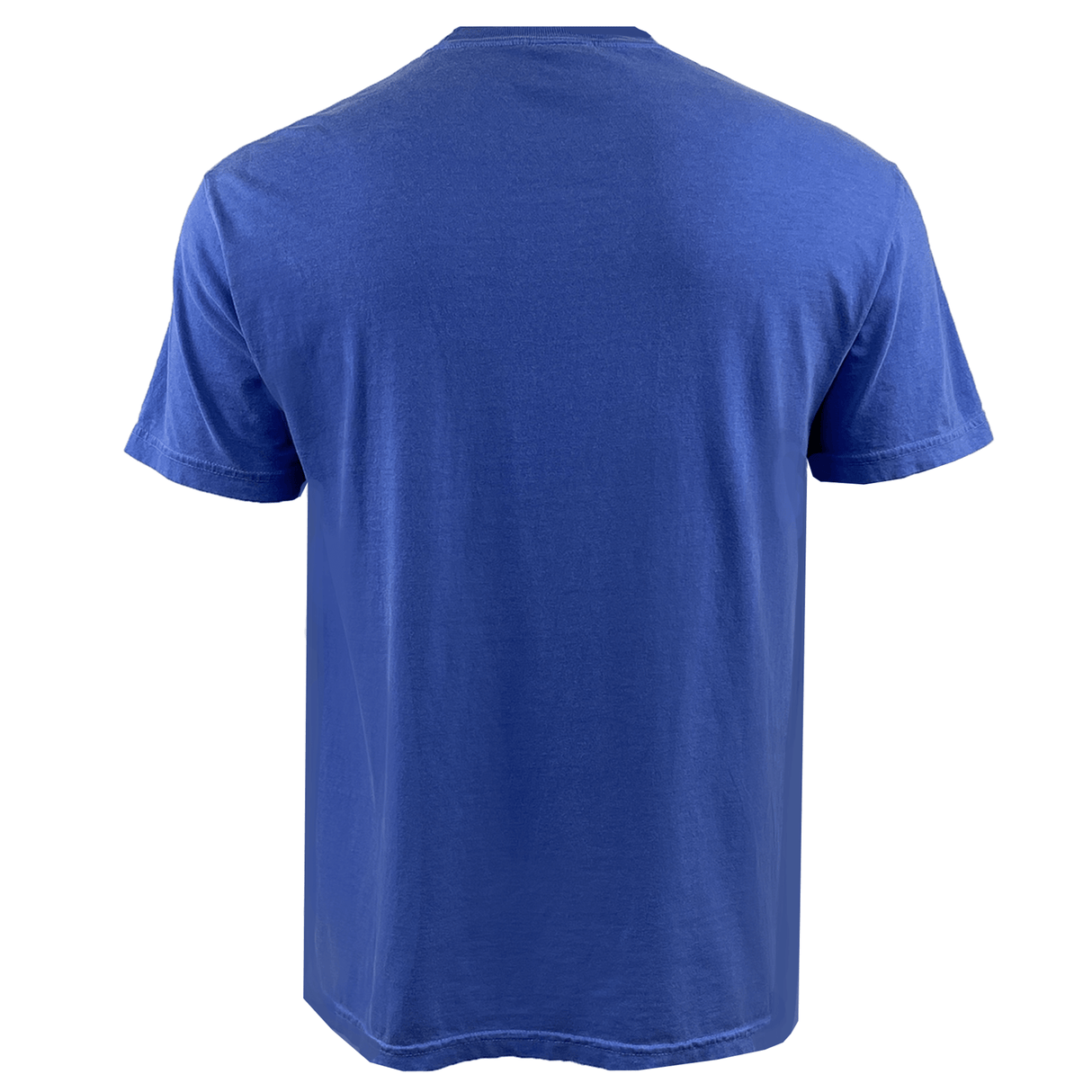 The Modish Rugger Limited Edition "We Scrum in Peace" T-Shirt features a plain blue design, elegantly displayed from the back, perfect for rugby enthusiasts.