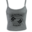 The Women's Modish Rugger Limited Edition "We Scrum in Peace" Muscle Crop Tank, featuring a rugby ball held by two hands, is ideal for any rugby enthusiast.