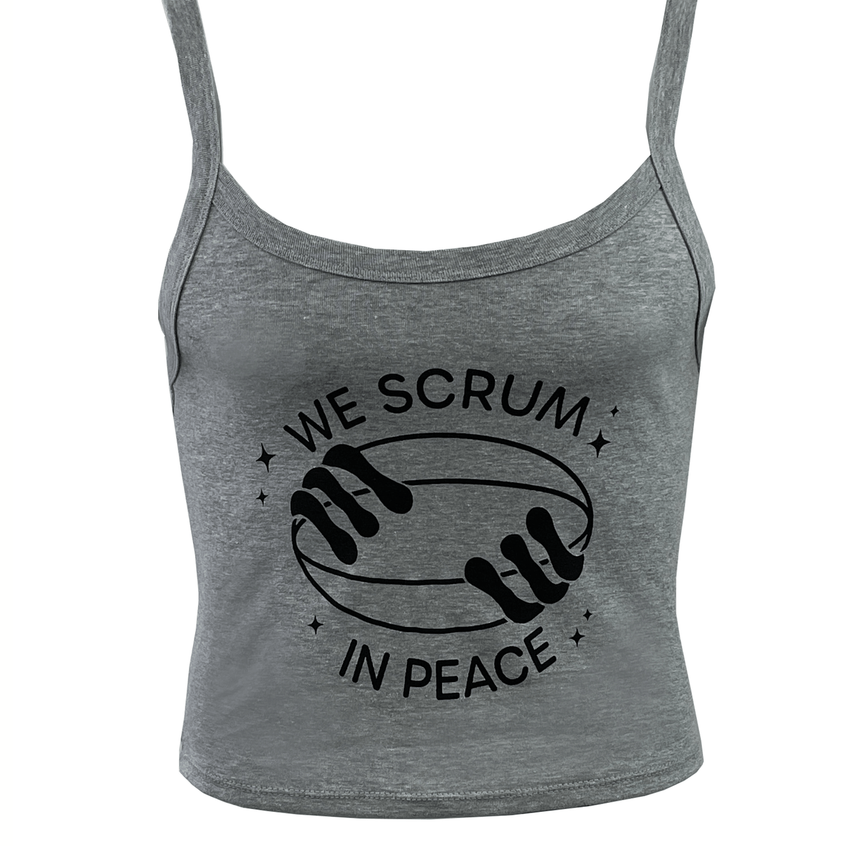 The Women's Modish Rugger Limited Edition "We Scrum in Peace" Muscle Crop Tank, featuring a rugby ball held by two hands, is ideal for any rugby enthusiast.