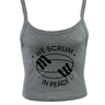 The Women's Modish Rugger Limited Edition "We Scrum in Peace" Muscle Crop Tank, featuring a rugby ball held by two hands, is ideal for any rugby enthusiast.