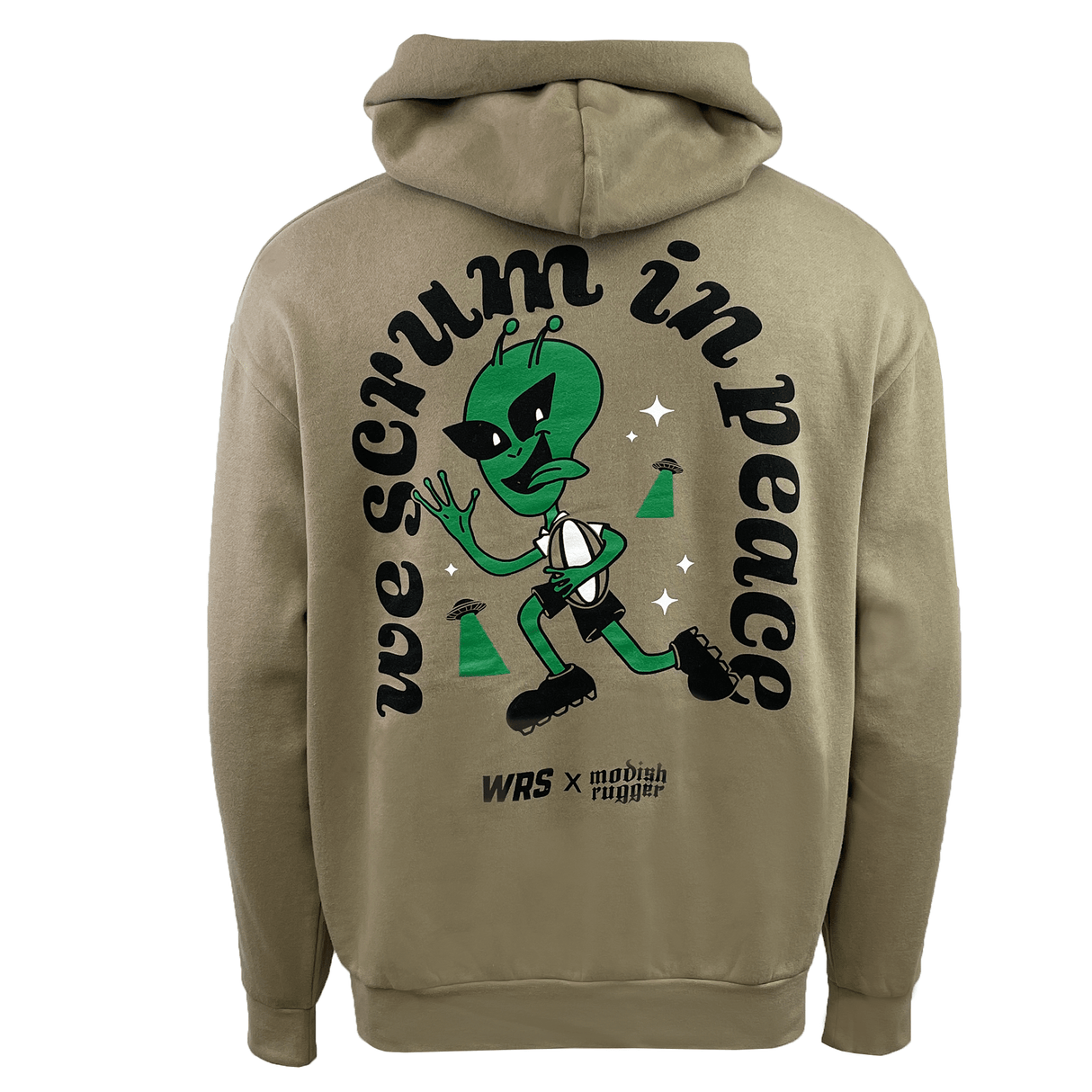 The Modish Rugger Limited Edition "We Scrum in Peace" pullover hoodie is beige with an alien playing rugby illustration and text, plus small logos at the bottom.