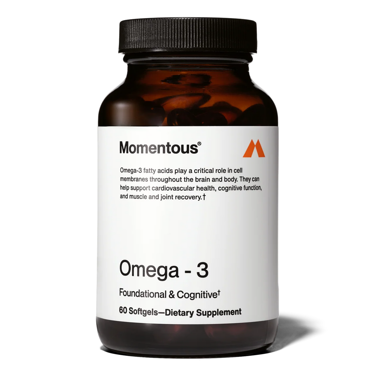 A brown bottle of Momentous OMEGA-3 with 30 servings per container, designed to support foundational, cognitive, and joint health to aid recovery.