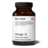 A brown bottle of Momentous OMEGA-3 with 30 servings per container, designed to support foundational, cognitive, and joint health to aid recovery.