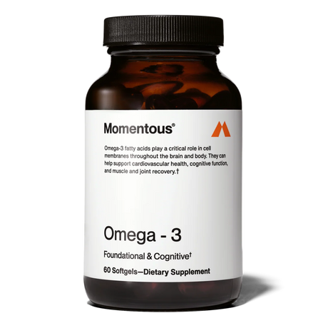 A brown bottle of Momentous OMEGA-3 with 30 servings per container, designed to support foundational, cognitive, and joint health to aid recovery.