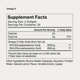 Momentous OMEGA-3 label: 30 servings per container, serving size 2 softgels, 2g total fat, 800mg EPA, 800mg DHA, plus other ingredients to support joint health and recovery.