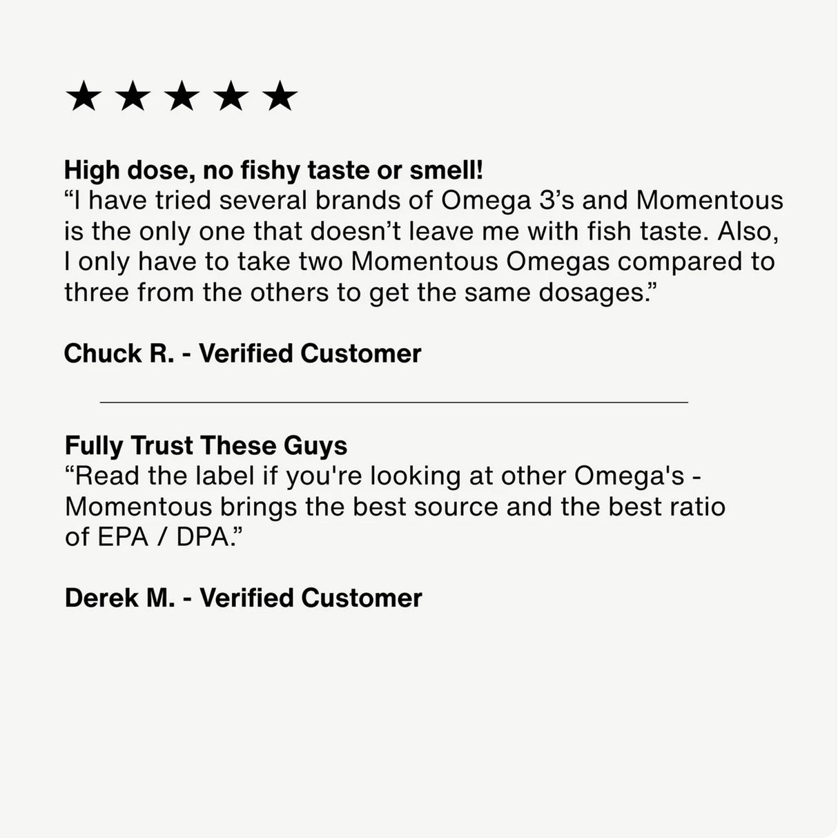 Screenshot of two verified customer reviews praising Momentous OMEGA - 3 (30 servings) for its high dose, lack of fishy taste, and support for joint health and recovery. Reviewers are Chuck R. and Derek M.