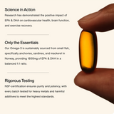 A hand holds a large amber Momentous OMEGA-3 softgel beside text highlighting Omega-3’s joint health benefits, premium sourcing, and strict testing—30 servings per container.