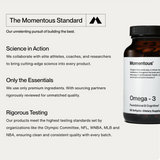 A bottle of Momentous OMEGA-3 (30 servings) is on the right, beside text highlighting the brand’s commitment to quality, carefully sourced ingredients, scientific collaboration, and testing for recovery and joint health.