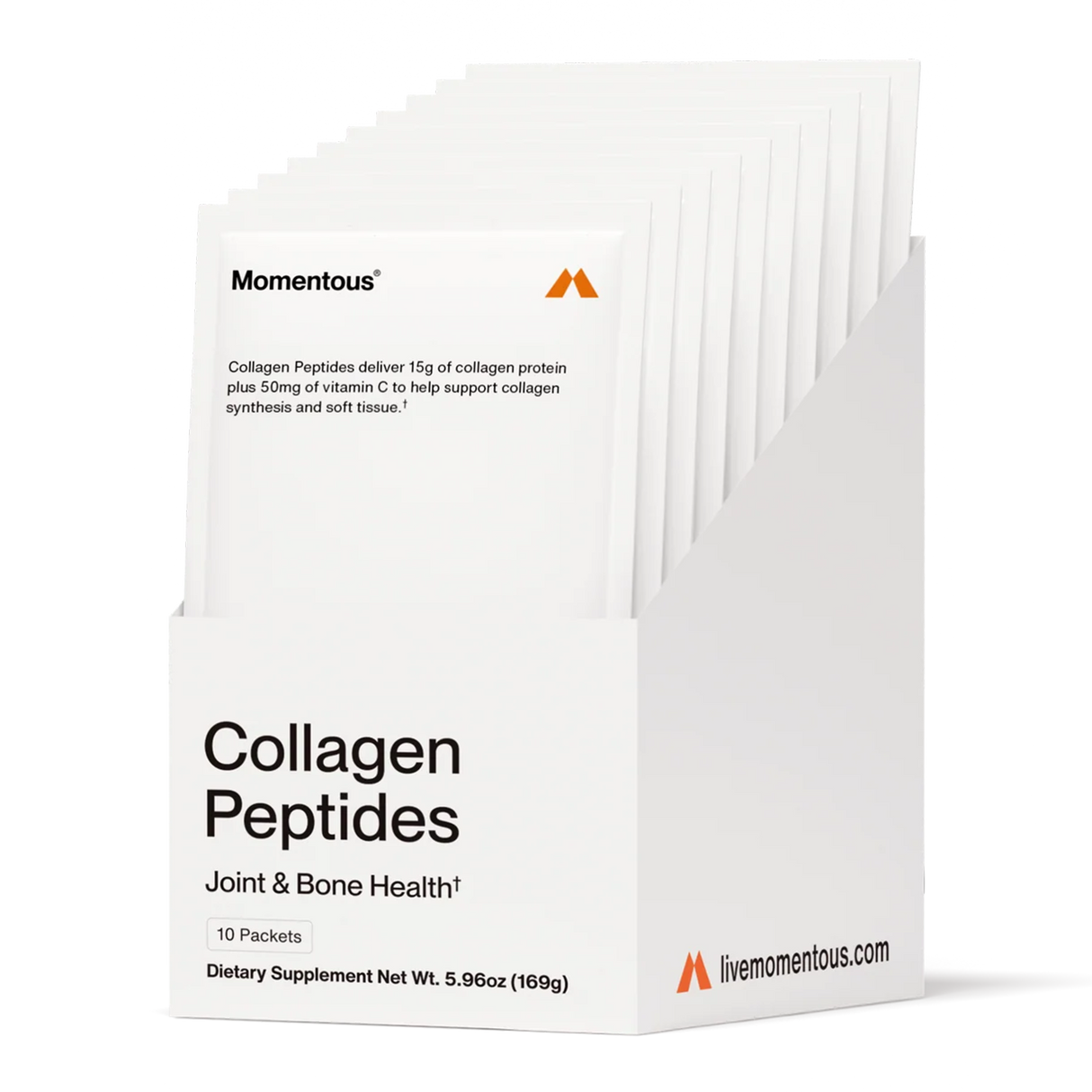 A white box of Momentous COLLAGEN PEPTIDES 10-Pack Travel Pouches, labeled for joint, bone, tendon, and ligament health, with product and serving details visible on the front.