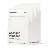 A white box of Momentous COLLAGEN PEPTIDES 10-Pack Travel Pouches, labeled for joint, bone, tendon, and ligament health, with product and serving details visible on the front.