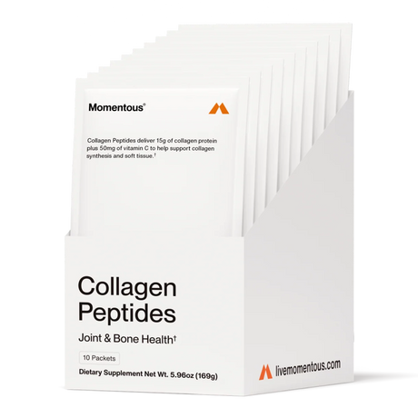 A white box of Momentous COLLAGEN PEPTIDES 10-Pack Travel Pouches, labeled for joint, bone, tendon, and ligament health, with product and serving details visible on the front.