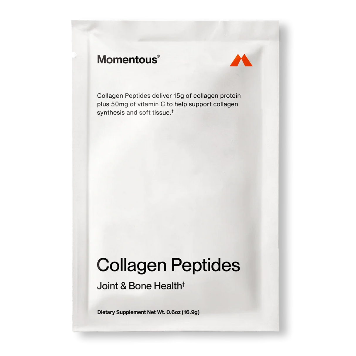 A white Momentous COLLAGEN PEPTIDES 10-Pack Travel Pouches aids joint, bone, and tendon health, with collagen protein and vitamin C info on the front—ideal for athletic support such as rugby recovery.