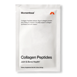 A white Momentous COLLAGEN PEPTIDES 10-Pack Travel Pouches aids joint, bone, and tendon health, with collagen protein and vitamin C info on the front—ideal for athletic support such as rugby recovery.