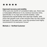 Verified customer Michele J. gave a five-star review for Momentous COLLAGEN PEPTIDES 10-Pack Travel Pouches, noting improved rugby recovery, mobility, skin and hair health, plus better tendon and ligament health after one month of daily use.