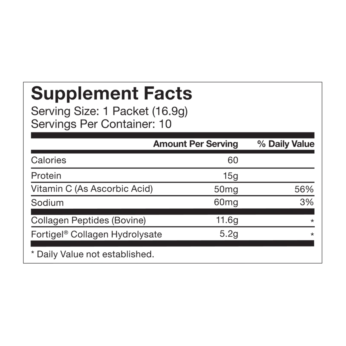 Momentous COLLAGEN PEPTIDES 10-Pack Travel Pouches feature a supplement facts label with 1 packet per serving, 10 servings per container, and nutrients like calories, protein, vitamin C, sodium, and collagen peptides—ideal for tendon and ligament recovery.