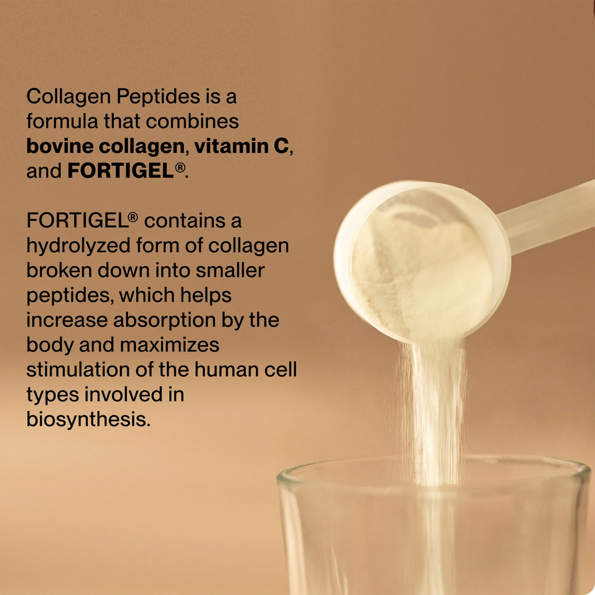 A scoop of Momentous COLLAGEN PEPTIDES 10-Pack Travel Pouches is poured into a clear glass, highlighting the tendon and ligament benefits of FORTIGEL®—perfect support for rugby recovery.