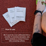 Three Momentous COLLAGEN PEPTIDES 10-Pack Travel Pouches sit by a tattooed arm and leg on a track, underscoring their support for rugby recovery. An instruction box details optimal use for tendon and ligament health and absorption.