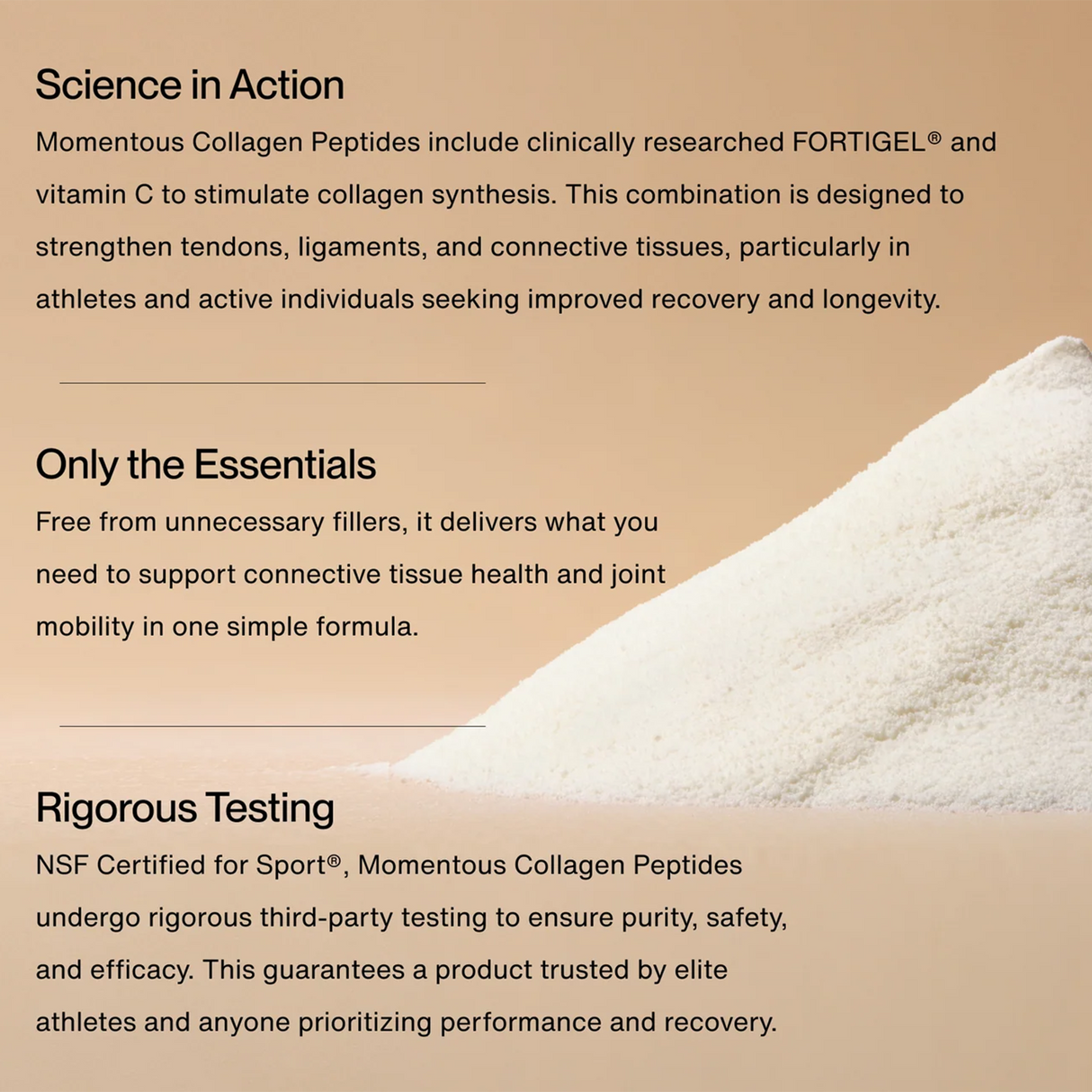 A pile of Momentous COLLAGEN PEPTIDES 10-Pack Travel Pouches powder sits on a beige background beside text highlighting its benefits, purity, strict testing standards, and support for tendon and ligament health.