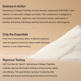 A pile of Momentous COLLAGEN PEPTIDES 10-Pack Travel Pouches powder sits on a beige background beside text highlighting its benefits, purity, strict testing standards, and support for tendon and ligament health.