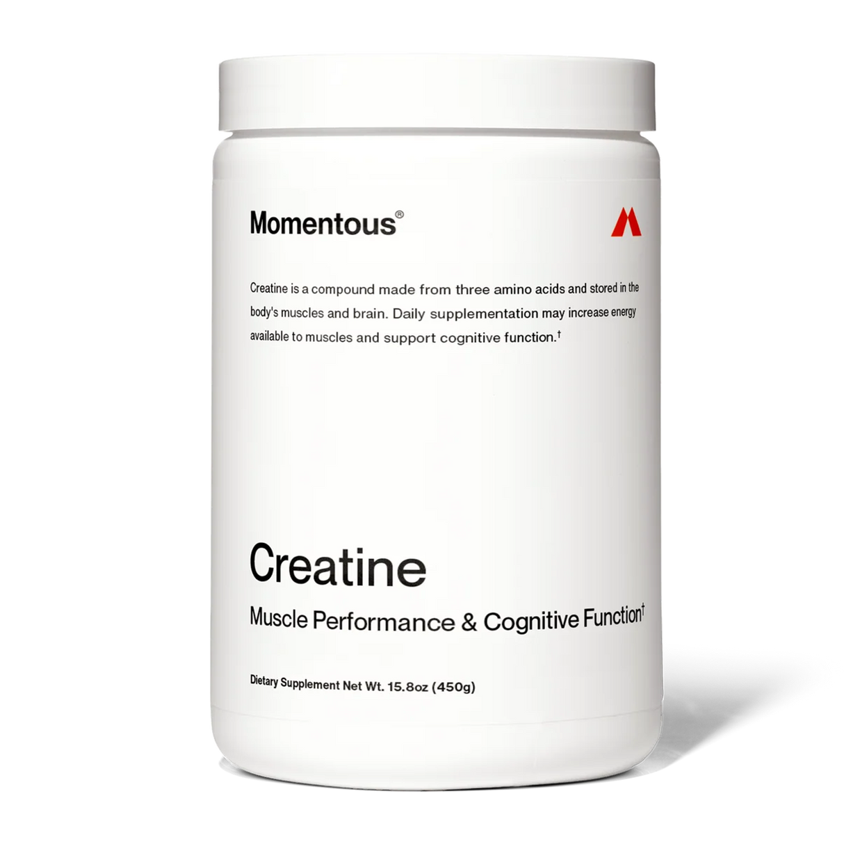 A white jar of Momentous CREATINE - CREAPURE 30 powder delivers muscle performance and cognitive support, using premium Creapure for purity and effectiveness.