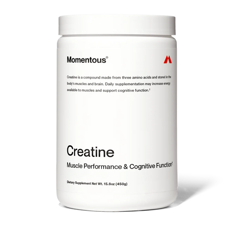 A white jar of Momentous CREATINE - CREAPURE 30 powder delivers muscle performance and cognitive support, using premium Creapure for purity and effectiveness.